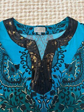 Max Edition Collection Sequin Paisley Top – Blue/Teal – Size 1X